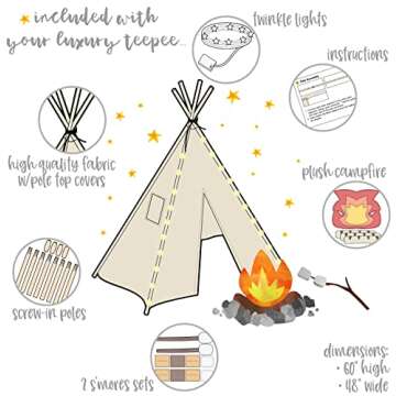 Teepee Tent for Girls, Boys - Deluxe Gift Set with Smores Campfire, Fairy Lights, Quality Fabric | Kids Love Luxury Tents for Indoor Reading Nook, Imaginative Play, Calming Corner