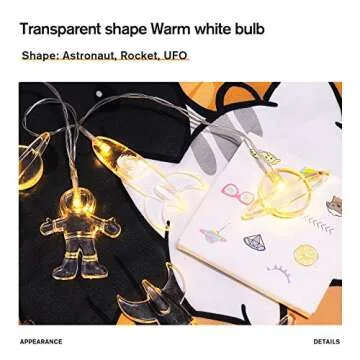 20 LED Children's Room LED String Light Astronaut Spaceship Rocket Pendants Holiday Party Lights Wall Window Nursery or Kids room Decor Wedding Around the Garden Party Patio Christmas (Warm White)
