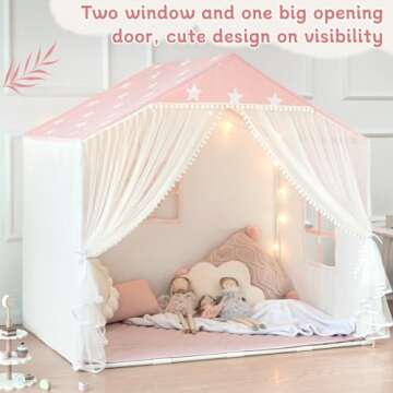 Kids Play Tent with Mat, Large Playhouse Tent with Pompoms Door Curtains, Children Play House for Girls Boys, Indoor Play Cottage (Pink)