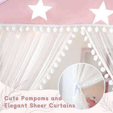 Kids Play Tent with Mat, Large Playhouse Tent with Pompoms Door Curtains, Children Play House for Girls Boys, Indoor Play Cottage (Pink)