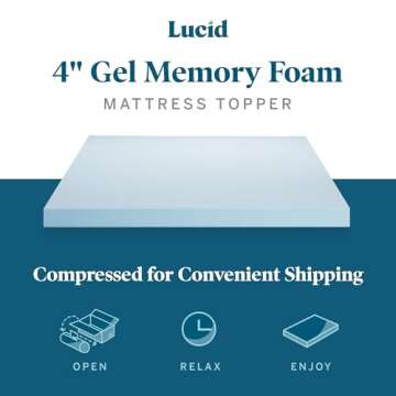 LUCID 4 Inch Gel Memory Foam Mattress Topper, Ventilated Design, Ultra Plush, CertiPUR-US Certified, Full Blue