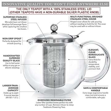 Teabloom All-in-One Glass Teapot and Tea Kettle – Heatproof Borosilicate Glass Tea Maker with Removable Stainless Steel Loose Tea Infuser – Classica Stovetop Tea Pot (40 oz / 1200 ml)