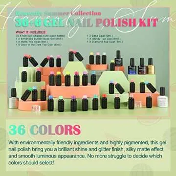 Lavender Violets 42 Pcs Gel Nail Polish Kit Set with 36 Colors Coat, 6 Bottles of Base top Coat, Glossy Matte Diamond Shine Glow in the Dark Top Coat and Builder Gel for Nail Art C514