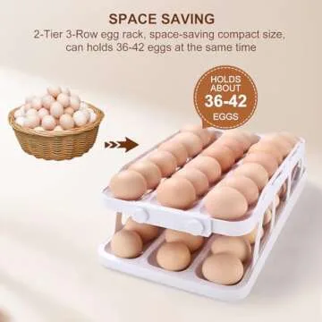 Creative.c Egg Holder for Refrigerator 42 Eggs Storage, 2 Tier Auto Rolling Egg Dispenser, 3 Rows Egg Organizer for Fridge Space Saving Automatic Egg Roller for Kitchen Countertop (White)