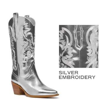GOSERCE Silver Cowboy Boots for Women Metaliic - Mid Calf Cowgirl Boots with Embroidery Sparkly Western Boots for Ladies Fahsion Classic Pull on Pointy Toe Chunky Stacked Heel 2.5" Silver,7