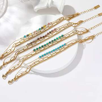 YADUDA Layered Bracelets Dainty Gold Bracelets for Women Chain Link Paperclip with Malachite Crystal...