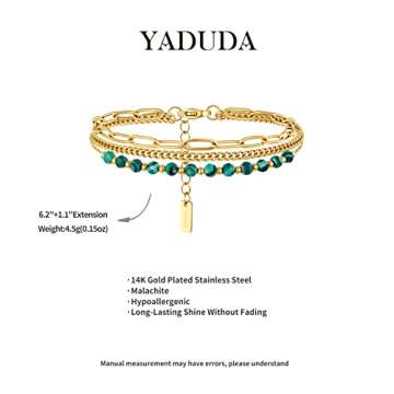 YADUDA Layered Bracelets Dainty Gold Bracelets for Women Chain Link Paperclip with Malachite Crystal Bracelet Adjustable 14K Gold Plated Beaded Bracelets for Women Trendy