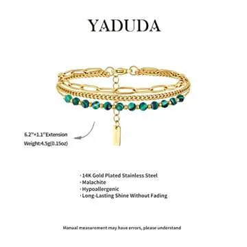 YADUDA Layered Bracelets Dainty Gold Bracelets for Women Chain Link Paperclip with Malachite Crystal Bracelet Adjustable 14K Gold Plated Beaded Bracelets for Women Trendy