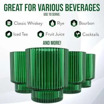 American Atelier Vintage Art Deco Fluted Drinking Glasses | Ribbed Glassware for Cocktail, Gin, Whiskey, & More | Modern Glassware | Lowball Fluted Cocktail Glasses | Set of 4 (9 oz, Green)