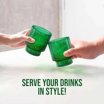 American Atelier Vintage Art Deco Fluted Drinking Glasses | Ribbed Glassware for Cocktail, Gin, Whiskey, & More | Modern Glassware | Lowball Fluted Cocktail Glasses | Set of 4 (9 oz, Green)