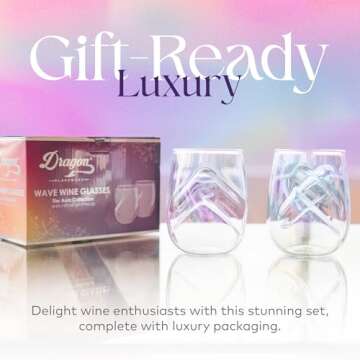 Dragon Glassware Stemless Wine Glasses - 16 oz Stemless Wine Glass Set with Finger Indentations - Set of 2 Iridescent Glassware - Aerates Naturally