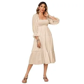 R.Vivimos Women's Summer Cotton Polka Dots Puff Sleeves Bow Casual Off-Shoulder Boho Midi Dress (Medium,Beige)