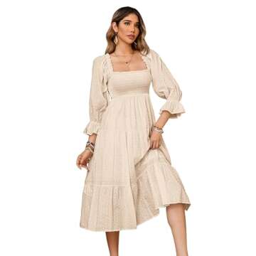 R.Vivimos Women's Summer Cotton Polka Dots Puff Sleeves Bow Casual Off-Shoulder Boho Midi Dress (Medium,Beige)