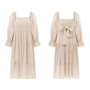 R.Vivimos Women's Summer Cotton Polka Dots Puff Sleeves Bow Casual Off-Shoulder Boho Midi Dress (Medium,Beige)