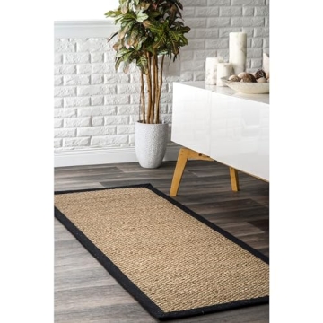 nuLOOM 2x6 Elijah Seagrass Area Rug, Black, Solid Farmhouse Style, Cotton Bordered, Basketweave, Nat...
