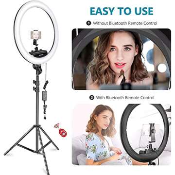 Neewer Ring Light Kit [Upgraded Version-1.8cm Ultra Slim]-18 inches,3200-5600K,Dimmable LED Ring Light with Light Stand, Phone Clip,Hot Shoe Adapter for Portrait Makeup Video Shooting (Black)