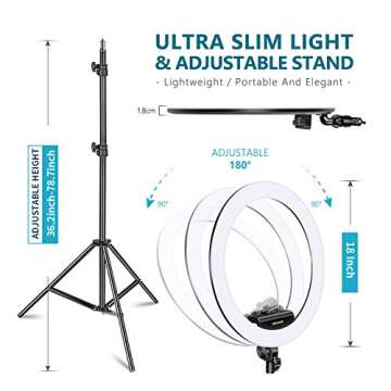 Neewer Ring Light Kit [Upgraded Version-1.8cm Ultra Slim]-18 inches,3200-5600K,Dimmable LED Ring Light with Light Stand, Phone Clip,Hot Shoe Adapter for Portrait Makeup Video Shooting (Black)