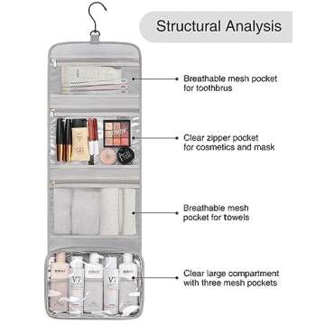 Relavel Travel Hanging Toiletry Bag for Men Women Travel Kit Shaving Bag Waterproof Large Makeup Bag Wash Bag Makeup Organizer Cosmetic Case for Bathroom Shower Gray