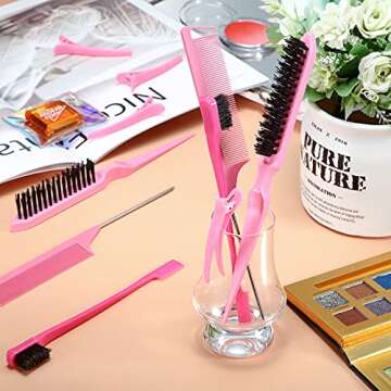 Remerry 12 Pieces Hair Brush Set, Nylon Teasing Hair Brushes 3 Row Salon Teasing Brush, Double Sided Edge Smooth Comb Grooming, Rat Tail Combs with Duckbill Clips for Women(Pink)