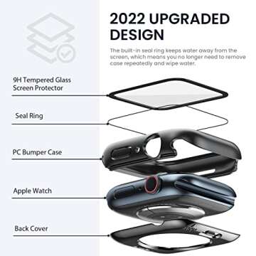 Tensea (2 in 1) for Waterproof Apple Watch Screen Protector Case Series 9 8 7 45mm Accessories, iWatch Protective PC Face Cover Built-in Tempered Glass Film, Front and Back Bumper for Women Men, 45 mm