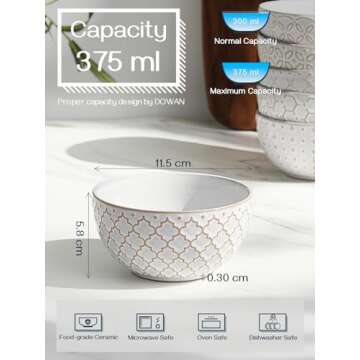 DOWAN Ice Cream Bowls 12 OZ, Small Bowls Set of 6, 4.5 Inch Ceramic Embossment Stoneware Bowls, Kitc...