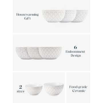 DOWAN Ice Cream Bowls 12 OZ, Small Bowls Set of 6, 4.5 Inch Ceramic Embossment Stoneware Bowls, Kitchen Decor&Housewarming Gift, White Bowls Set for Dessert, Fruits, Snack, Dishwasher & Microwave Safe