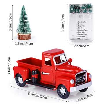 Hooqict Christmas Red Truck Handmade Metal Christmas Vintage Red Truck with Mini Christmas Trees Ornaments and Remote Control LED Fairy Lights for Christmas Table Decorations