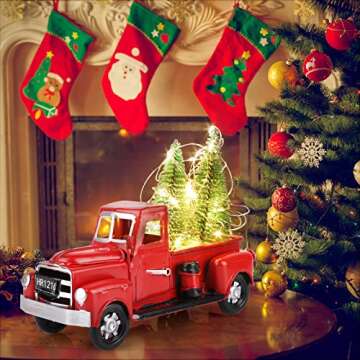 Hooqict Christmas Red Truck Handmade Metal Christmas Vintage Red Truck with Mini Christmas Trees Ornaments and Remote Control LED Fairy Lights for Christmas Table Decorations