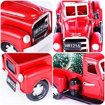 Hooqict Christmas Red Truck Handmade Metal Christmas Vintage Red Truck with Mini Christmas Trees Ornaments and Remote Control LED Fairy Lights for Christmas Table Decorations