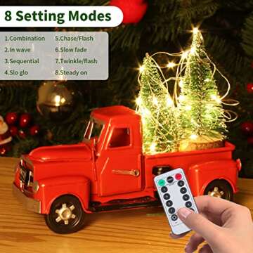 Hooqict Christmas Red Truck Handmade Metal Christmas Vintage Red Truck with Mini Christmas Trees Ornaments and Remote Control LED Fairy Lights for Christmas Table Decorations