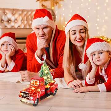 Hooqict Christmas Red Truck Handmade Metal Christmas Vintage Red Truck with Mini Christmas Trees Ornaments and Remote Control LED Fairy Lights for Christmas Table Decorations