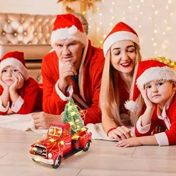 Hooqict Christmas Red Truck Handmade Metal Christmas Vintage Red Truck with Mini Christmas Trees Ornaments and Remote Control LED Fairy Lights for Christmas Table Decorations