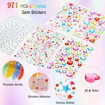 971 pcs Gem Stickers, Star Heart Round Small Stickers for Kids Adults, Glitter Cute Stickers for Crafts, Face Eye Body Makeup, DIY Decoration, Kids Reward, Sparkling Acrylic Rhinestones Jewel Stickers