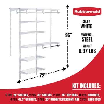 Rubbermaid Configurations Deluxe Custom Closet Kit, 3-6 Ft. Adjustable Metal Wire Shelving, White Fi...