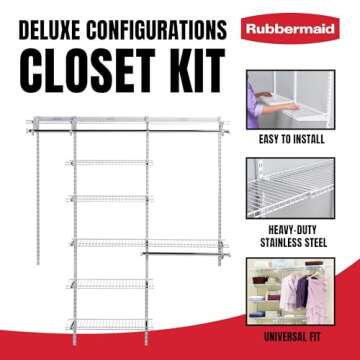 Rubbermaid Configurations Deluxe Custom Closet Kit, 3-6 Ft. Adjustable Metal Wire Shelving, White Finish, Expandable Organization System, Hardware Included, for Home Closet/Pantry/Laundry/Mudroom