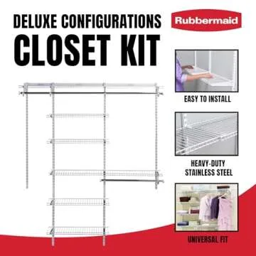 Rubbermaid Configurations Deluxe Custom Closet Kit, 3-6 Ft. Adjustable Metal Wire Shelving, White Finish, Expandable Organization System, Hardware Included, for Home Closet/Pantry/Laundry/Mudroom