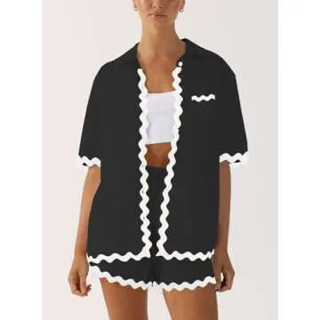 ARTFREE Women's 2 Piece Pajama Sets Short Sleeve Button Down Shirts and Shorts Outfit Sets Summer Beach Loungewear Black
