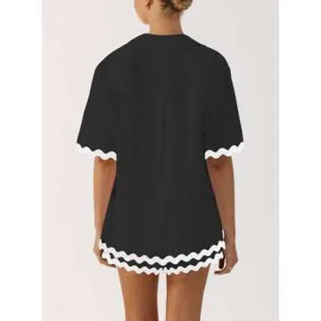 ARTFREE Women's 2 Piece Pajama Sets Short Sleeve Button Down Shirts and Shorts Outfit Sets Summer Beach Loungewear Black