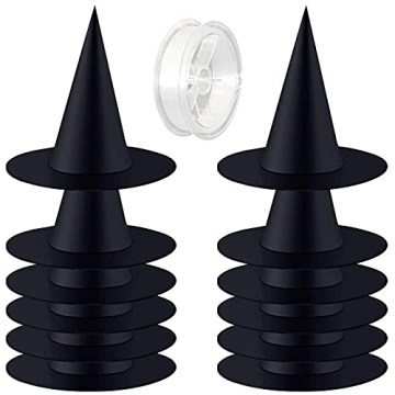 ZeeDix 12 Pcs Halloween Black Witch Hats- Halloween Hanging Decorations Witch Hat with 98 Feet Hanging Rope for Halloween Costume Accessories Party Decoration(Large)