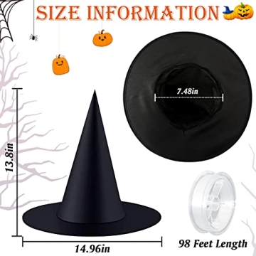 ZeeDix 12 Pcs Halloween Black Witch Hats- Halloween Hanging Decorations Witch Hat with 98 Feet Hanging Rope for Halloween Costume Accessories Party Decoration(Large)
