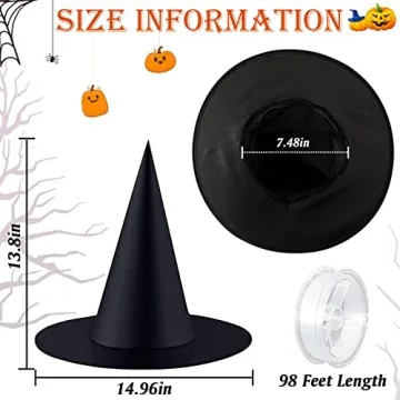ZeeDix 12 Pcs Halloween Black Witch Hats- Halloween Hanging Decorations Witch Hat with 98 Feet Hanging Rope for Halloween Costume Accessories Party Decoration(Large)