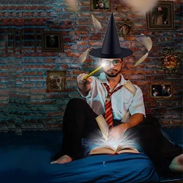 ZeeDix 12 Pcs Halloween Black Witch Hats- Halloween Hanging Decorations Witch Hat with 98 Feet Hanging Rope for Halloween Costume Accessories Party Decoration(Large)