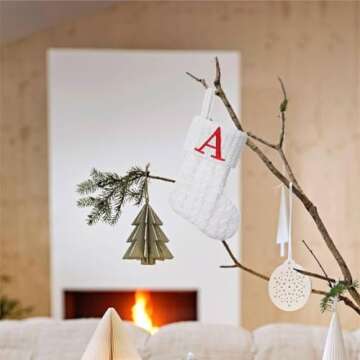Pxniy Mini White Knit Stocking,8.5 Inches Initial Monogram Embroide White Christmas Stocking,Family Fireplace Hanging Ornament Xmas Holiday Decor Gift-Letter A
