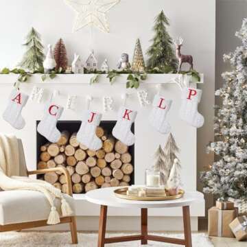 Pxniy Mini White Knit Stocking,8.5 Inches Initial Monogram Embroide White Christmas Stocking,Family Fireplace Hanging Ornament Xmas Holiday Decor Gift-Letter A