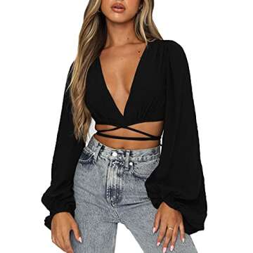 LYANER Women's Wrap V Neck Criss Cross Tie Back Long Sleeve Crop Blouse Shirt Top