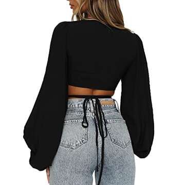 LYANER Women's Wrap V Neck Criss Cross Tie Back Long Sleeve Crop Blouse Shirt Top