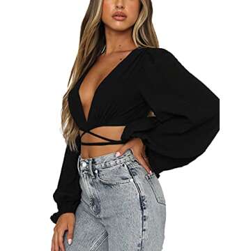 LYANER Women's Wrap V Neck Criss Cross Tie Back Long Sleeve Crop Blouse Shirt Top