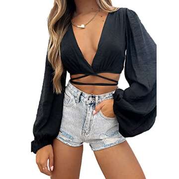 LYANER Women's Wrap V Neck Criss Cross Tie Back Long Sleeve Crop Blouse Shirt Top