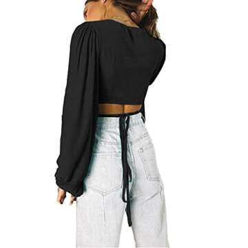 LYANER Women's Wrap V Neck Criss Cross Tie Back Long Sleeve Crop Blouse Shirt Top