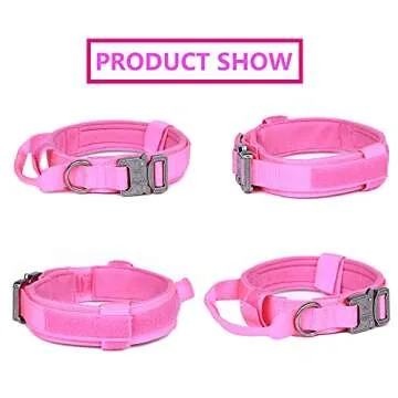 Tactical Dog Collar Military Dog Collar Adjustable Nylon Dog Collar Heavy Duty Metal Buckle with Handle for Dog Training (Pink,L)